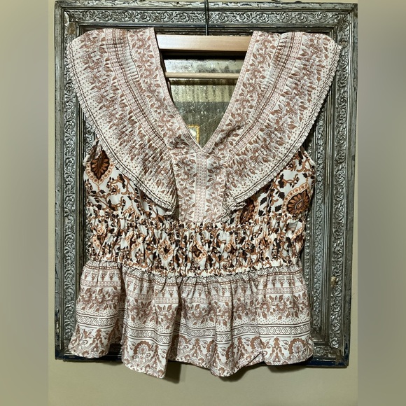 NWT! Rachel Zoe Tan and Brown Smocked Boho Top - Picture 1 of 8